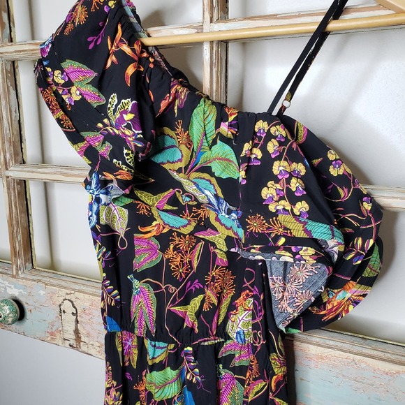 H & M Rainforest Floral Ruffle One Shoulder Viscose Dress size 6 - Picture 6 of 16